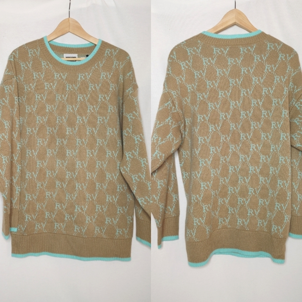 Reclaimed‎ Vintage Sweater Retro Inspired Tan Green RV Monogram Knit Small S